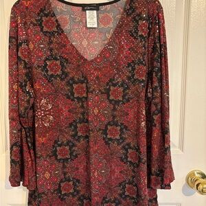 Elegant Red Paisley Sequin Blouse w Angel Sleeves